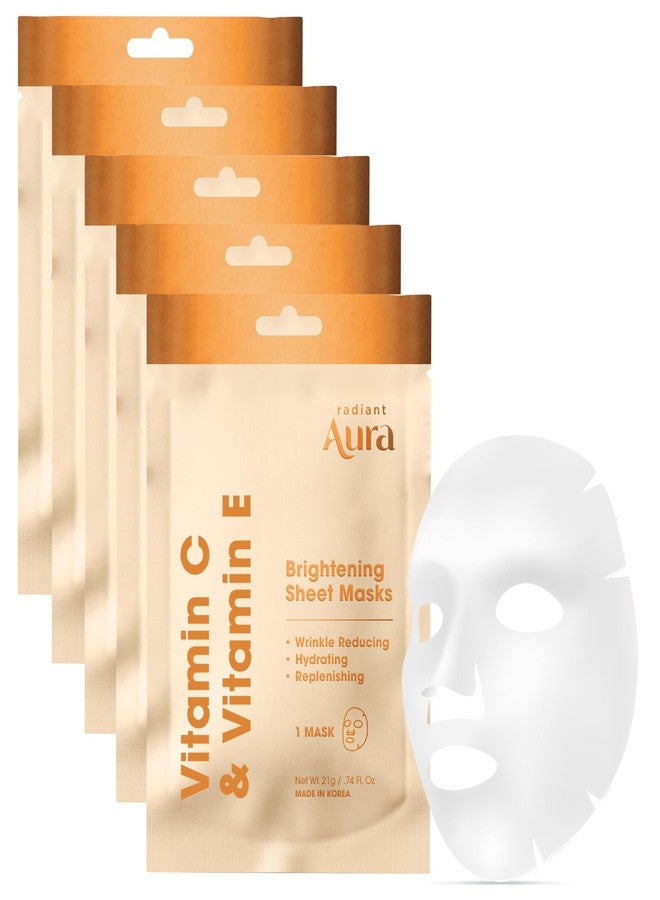 Radiant Aura Vitamin E & Vitamin C Sheet Mask – Dermatologist Tested, Anti Aging, Korean Skin Care – Deep Hydration, Softens Fine Lines, Fades The Look Of Dark Spots – Vegan, Clean Beauty – 5 Count - Image 1